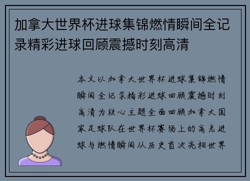 加拿大世界杯进球集锦燃情瞬间全记录精彩进球回顾震撼时刻高清 加拿大世界杯进球集锦燃情瞬间全记录精彩进球回顾震撼时刻高清